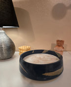 One of our cosiest scents. A handcrafted blue & gold, multi-wick bowl candle infused with Hot Chocolate & Macaroon, Comforting • Indulgent • Timeless